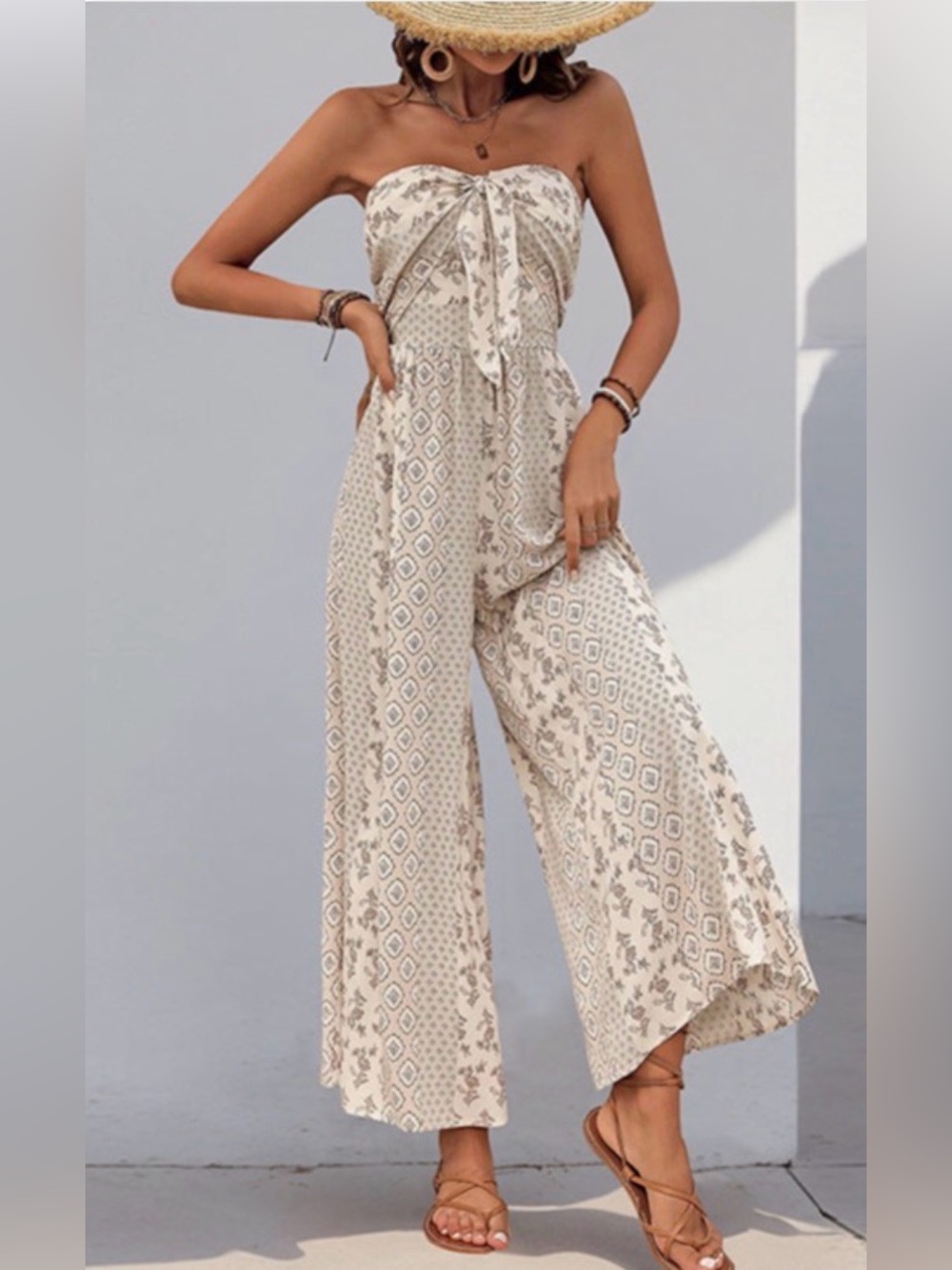 Boho Strapless Wide-Leg Jumpsuit in Cream Print